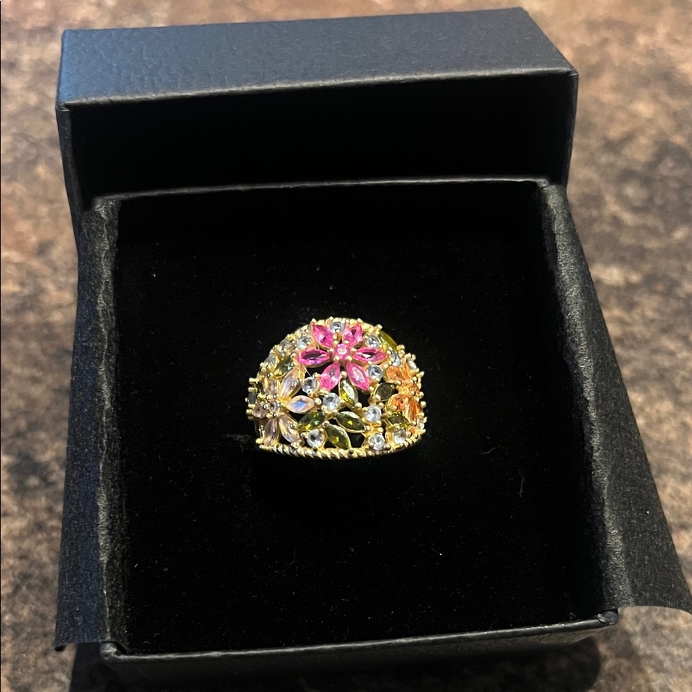 Floral Cluster Gold Ring with Pink and Green Stones